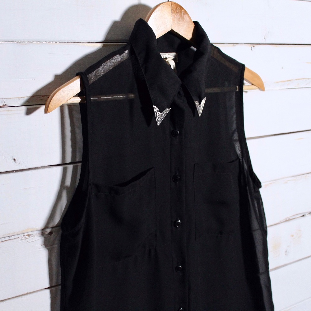 SOLD Sheer Black Button Blouse With Pockets